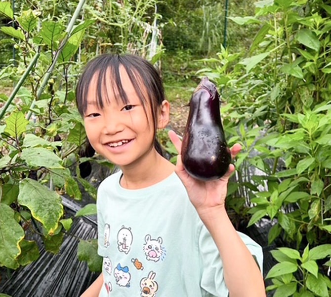畑で収穫した大きなナスを手に持つ野菜収穫体験の様子